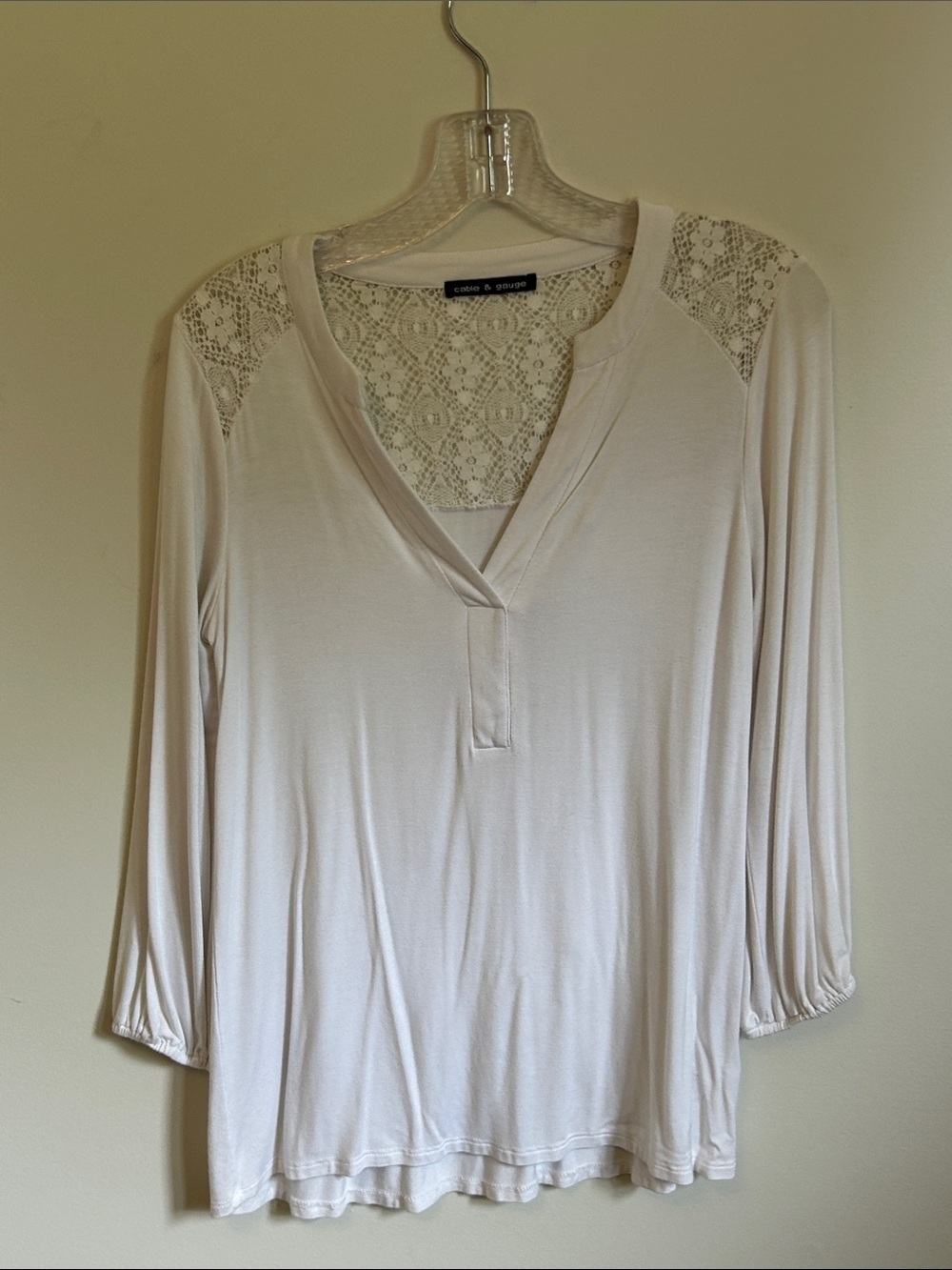 Cable & Gauge Lace-Back Cream Long Sleeve V-Neck Top